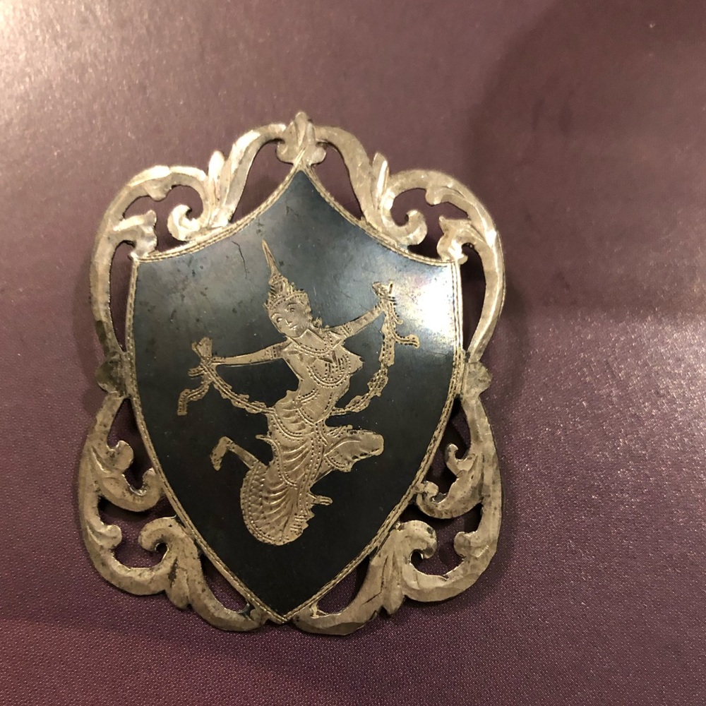 Vintage Siam Sterling Goddess Shield Brooch